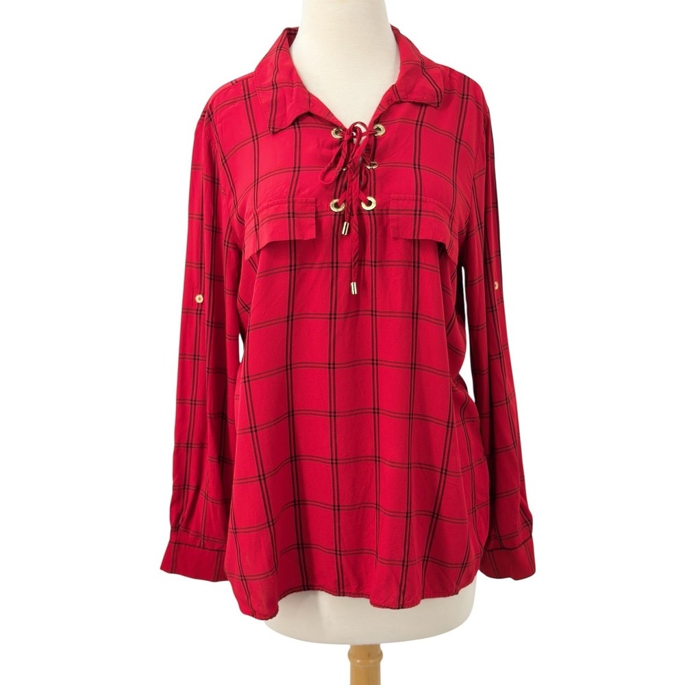 Calvin‎ Klein Womens Lace Up Roll Tab Sleeve Blouse Red Black Plaid Size M